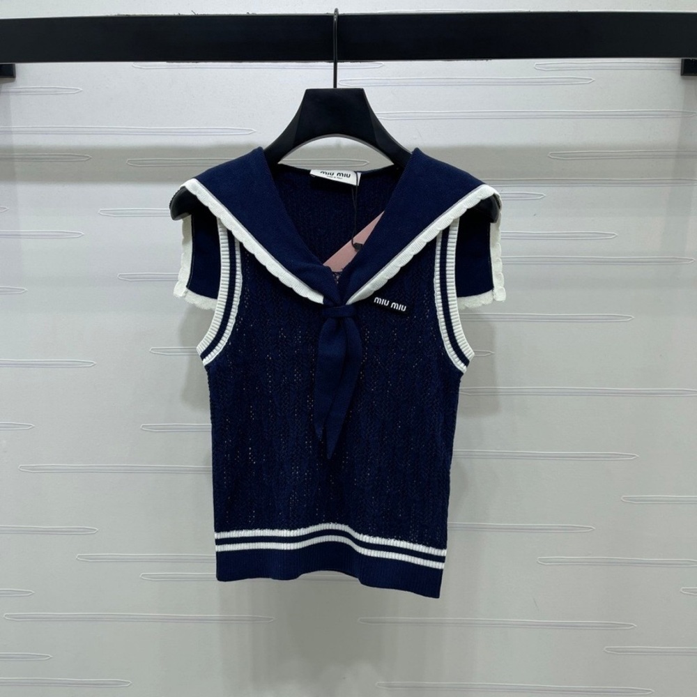 Miu Miu Academy Style Dark Blue Knitted Short Sleeve